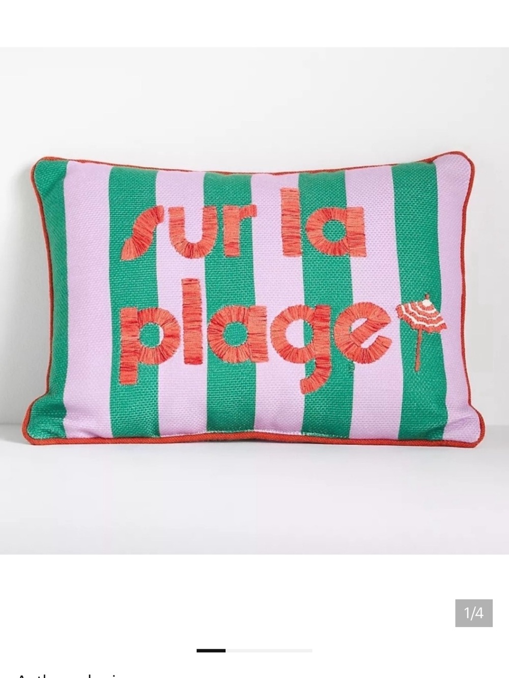 Anthropologie Green & Pink Striped 'Sur La Plage' Embroidered Accent Pillow